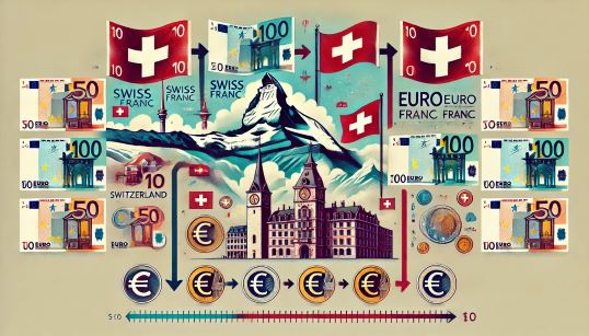 Illustration représentant la conversion du franc suisse en euro. L'image présente une comparaison visuelle entre les billets en francs suisses et en euros.