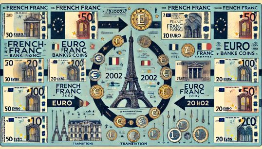 Illustration représentant la conversion du franc français en euro. L'image présente une comparaison visuelle entre le franc français et l'euro.