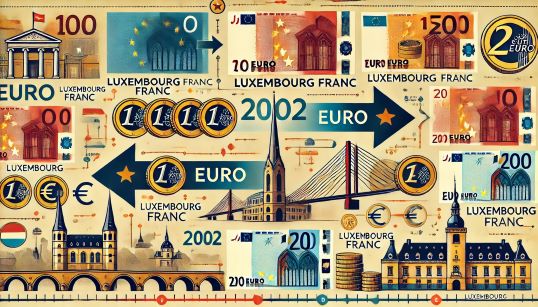 Illustration de la conversion du franc luxembourgeois en euro. L'image présente une comparaison visuelle entre le franc luxembourgeois et l'euro.