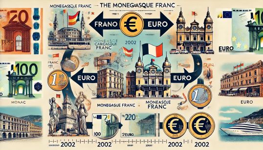 Illustration représentant la conversion du franc monégasque en euro. L'image présente une comparaison visuelle entre le franc monégasque et l'euro.