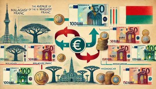 Illustration de la conversion du franc malgache en euro. L'image présente une comparaison visuelle entre le franc malgache et la monnaie européenne.